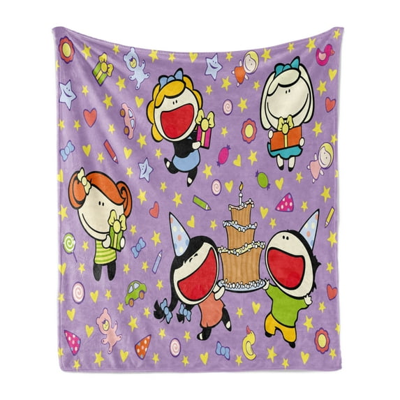Birthday Soft Flannel Fleece Throw Blanket, Happy Children Tasty Cake Presents Bears Stars on Purple Colored Backdrop, Cozy Plush for Indoor and Outdoor Use, 50" x 60", Multicolor, by Ambesonne