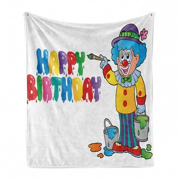 Birthday Soft Flannel Fleece Throw Blanket, Happy Clown for Party with Colorful Painting Drawing Style Buckets in Print, Cozy Plush for Indoor and Outdoor Use, 50" x 70", Multicolor, by Ambesonne