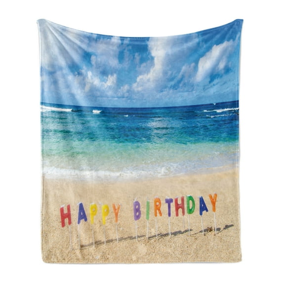 Birthday Soft Flannel Fleece Throw Blanket, Happy Birthday Sign on the Tropical Beach in Hawaii Exotic Surprise Theme, Cozy Plush for Indoor and Outdoor Use, 50" x 70", Multicolor, by Ambesonne