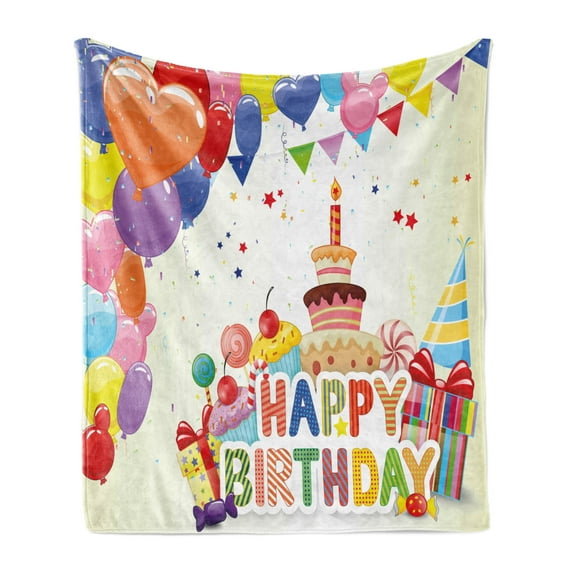 Birthday Soft Flannel Fleece Throw Blanket, Heart Shaped Funny Balloons Cupcakes Candies Presents and Party Hats Occasion, Cozy Plush for Indoor and Outdoor Use, 50" x 60", Multicolor, by Ambesonne