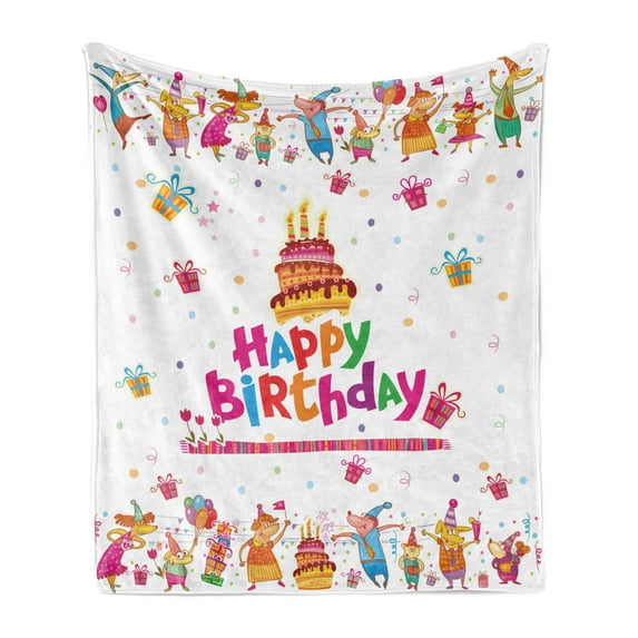 Birthday Soft Flannel Fleece Throw Blanket, Joyful Mouses Partying Presents and Delicious Cake with Candles Cartoon, Cozy Plush for Indoor and Outdoor Use, 60" x 80", Multicolor, by Ambesonne