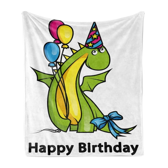 Birthday Soft Flannel Fleece Throw Blanket, Little Baby Dinosaur Animal Party Event with Colorful Balloons Theme, Cozy Plush for Indoor and Outdoor Use, 60" x 80", Fern Green and Yellow, by Ambesonne