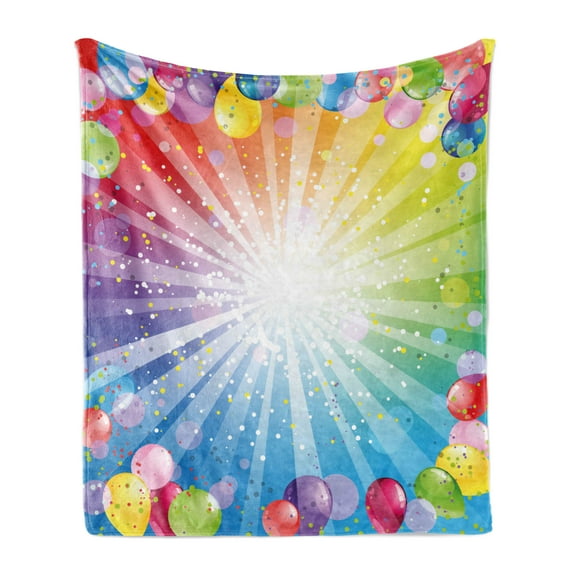 Birthday Soft Flannel Fleece Throw Blanket, Pattern of Striped Backdrop with Balloons Dots Celebration Birthday, Cozy Plush for Indoor and Outdoor Use, 70" x 90", Multicolor, by Ambesonne