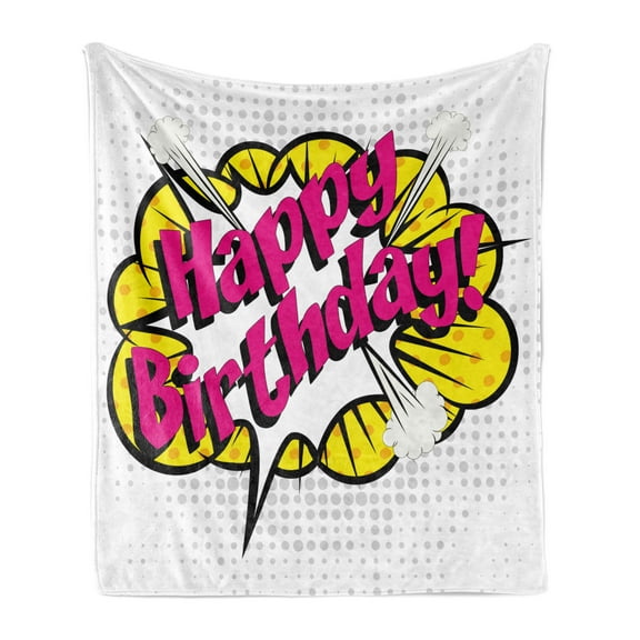 Birthday Soft Flannel Fleece Throw Blanket, Pop Art Comic Book Style Design Lettering Blast Effect with Dots Illustraiton, Cozy Plush for Indoor and Outdoor Use, 60" x 80", Multicolor, by Ambesonne