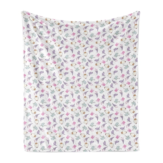 Birthday Soft Flannel Fleece Throw Blanket, Sketch Art Style Birds Cupcakes Baby Carriages and Tulip Flowers Newborn Theme, Cozy Plush for Indoor and Outdoor Use, 70" x 90", Multicolor, by Ambesonne