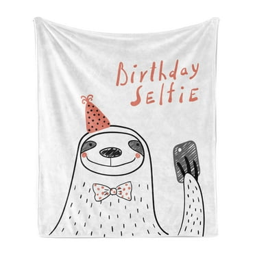 Birthday Soft Flannel Fleece Throw Blanket, Sloth Self Portrait Smiling Face with a Bow Tie Click Shoot Speckles Hand Drawn, Cozy Plush for Indoor and Outdoor Use, 60" x 80", Multicolor, by Ambesonne