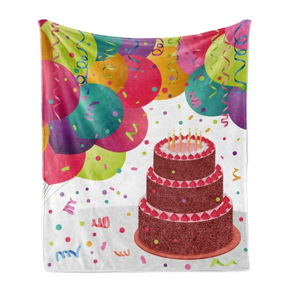 Birthday Soft Flannel Fleece Throw Blanket, Strawberry Triplex Cake with Candles Ribbons Balloons Newborn Celebration Theme, Cozy Plush for Indoor and Outdoor Use, 50" x 60", Multicolor, by Ambesonne