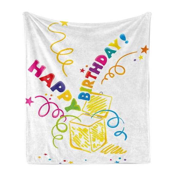 Birthday Soft Flannel Fleece Throw Blanket, Surprise in a Box Theme Doodle Style Cheerful Spirals Stars Happiness, Cozy Plush for Indoor and Outdoor Use, 60" x 80", Multicolor, by Ambesonne