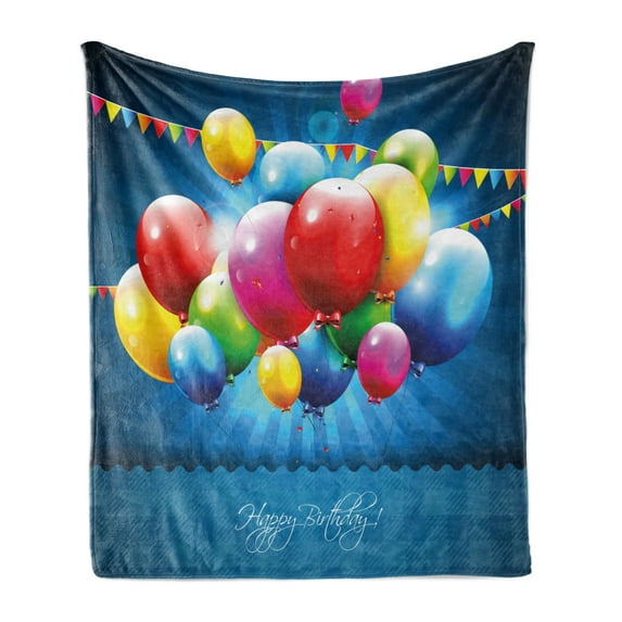 Birthday Soft Flannel Fleece Throw Blanket, Vibrant Colored Realistic Balloons and Party Flags on Blue Backdrop Happiness, Cozy Plush for Indoor and Outdoor Use, 60" x 80", Multicolor, by Ambesonne