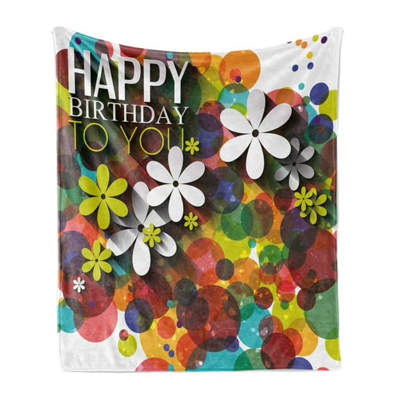 Birthday Soft Flannel Fleece Throw Blanket, Vibrant Composition of Flowers Daisies Polka Dots Joyful Wish Feminine Design, Cozy Plush for Indoor and Outdoor Use, 50" x 70", Multicolor, by Ambesonne