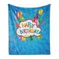 thumbnail image 1 of Birthday Soft Flannel Fleece Throw Blanket, Wavy Blue Colored Backdrop with Greeting Text Party Hats Best Wishes, Cozy Plush for Indoor and Outdoor Use, 50" x 70", Multicolor, by Ambesonne, 1 of 5