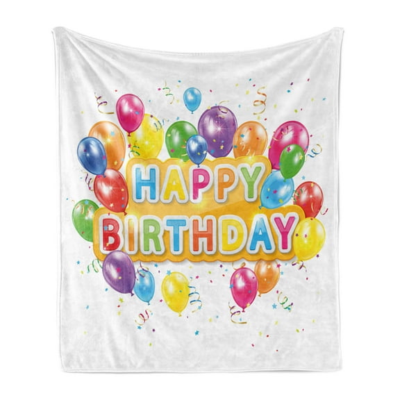 Birthday Soft Flannel Fleece Throw Blanket, Words Happy Celebration Vivid Balloons Rain Blithesome Happy Day, Cozy Plush for Indoor and Outdoor Use, 50" x 60", Multicolor, by Ambesonne