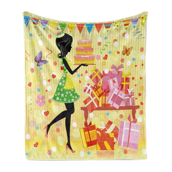 Birthday Soft Flannel Fleece Throw Blanket, Young Woman and Birthday Cake Table Full of Presents Butterfly, Cozy Plush for Indoor and Outdoor Use, 70" x 90", Multicolor, by Ambesonne