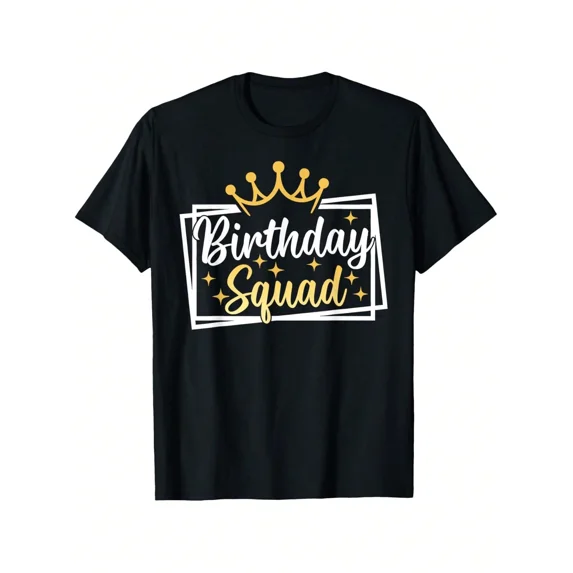 Birthday Squad Graphic T-Shirt, Party Celebration Crown Tee, Unisex Adult Short Sleeve Top, Black