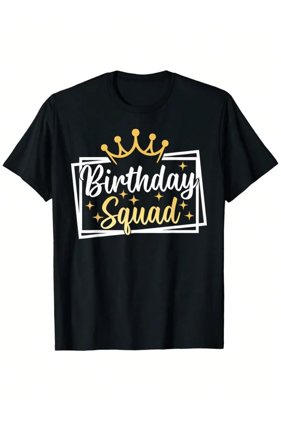 Birthday Squad Graphic T-Shirt, Party Celebration Crown Tee, Unisex Adult Short Sleeve Top, Black