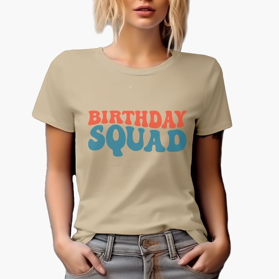 Birthday Squad, Groovy Retro Wavy Text Merch Gift, Tan T-Shirt, Small