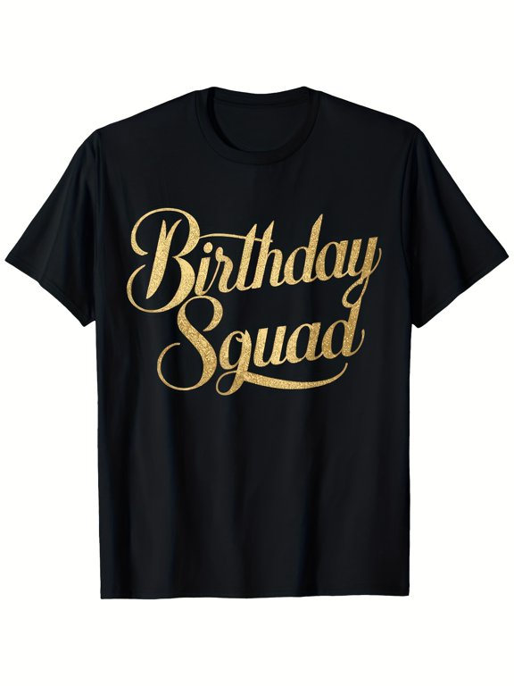 Birthday Squad Matching Family T-Shirts for Boys & Girls - Black Cotton Retro Crew Neck Tees with Golden Lettering, Drop Shoulder Short Sleeve, Glossy Finish, All-Season Casual Wear for Parties,