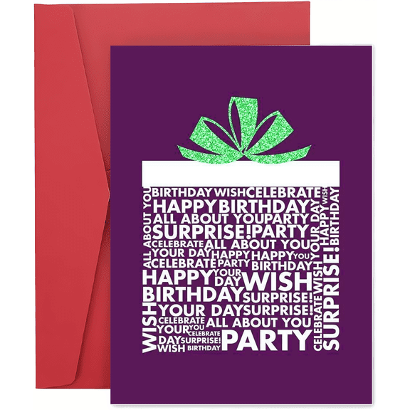 Birthday Surprise Card Colorful Gift Box Design with Glitter Bow, Envelope Included, Blank Inside Perfect for Happy Birthday Wishes and Celebrations