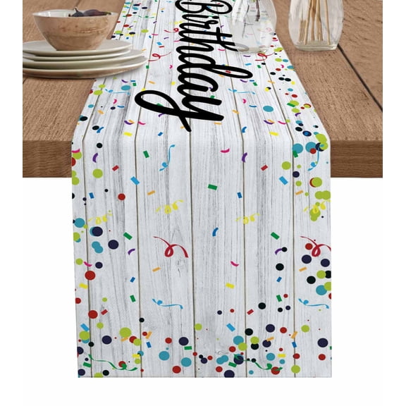 Birthday Table Runner 48 Inches, Colorful Confetti Ribbons Polka Dots Vintage Wood Bed Runner Dresser Scarves Tabletop for Indoor Outdoor Parties/Ceremony/Banquet, 13" x 48"