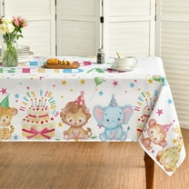 Birthday Tablecloth 60x102 Inch Rectangular, Colorful Animals Birthday Cake Celebration Washable Seasonal Table Cover for Party Picnic Dinner Decor