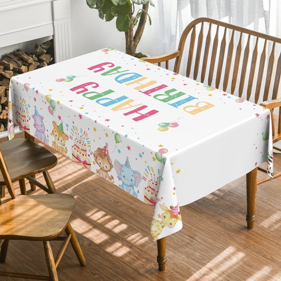 Birthday Tablecloth 60x104 Inch Rectangular, Colorful Animals Birthday Cake Celebration Washable Seasonal Table Cover for Party Picnic Dinner Decor