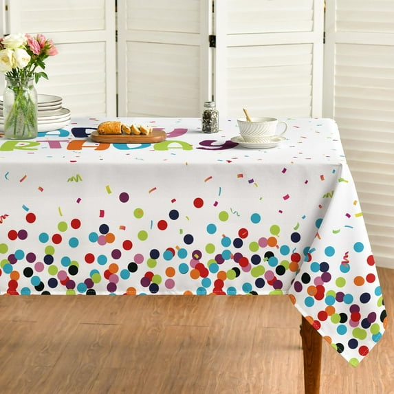 Birthday Tablecloth 60x104 Inch Rectangular, Happy Birthday White Washable Seasonal Table Cover for Party Picnic Dinner Decor