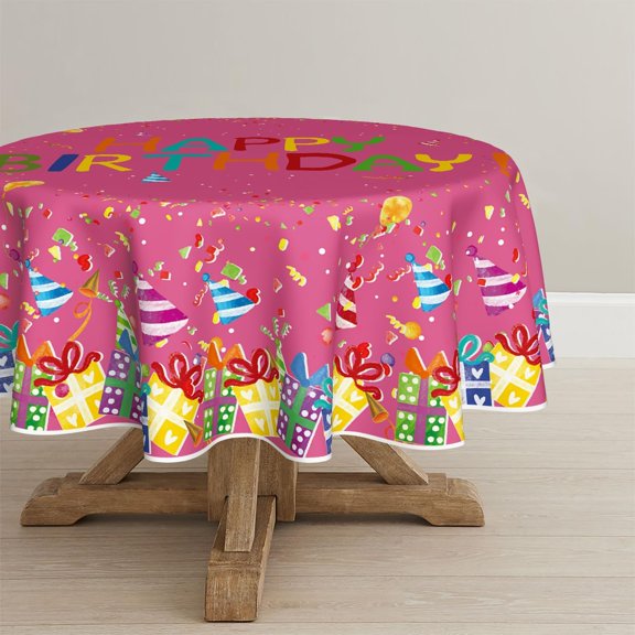 Birthday Tablecloth 60x60 Inch Round, Happy Birthday Ballon Pink Washable Seasonal Table Cover for Party Picnic Dinner Decor