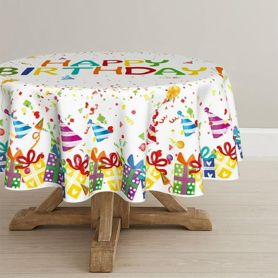 Birthday Tablecloth 60x60 Inch Round Happy Birthday Balloon White Washable Seasonal Cover for Party, Picnic, Dinner Decor Perfect for Kids and Adults