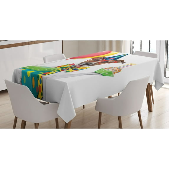 Birthday Tablecloth, Happy Party Dog Wearing Colorful Spotted Bowtie and Eyeglasses Holding Balloons, Rectangular Table Cover for Dining Room Kitchen, 60 X 90 Inches, Multicolor, by Ambesonne