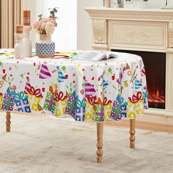 Birthday Tablecloth Oval, Happy Birthday Ballon White Washable Seasonal Table Cover for Party Picnic Dinner Decor