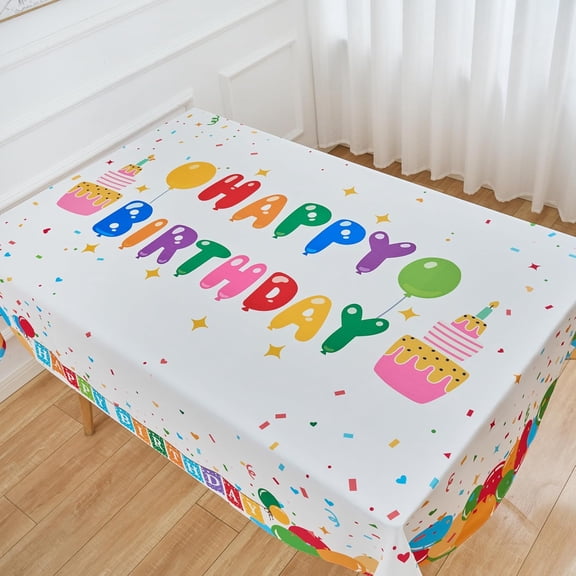 Birthday Tablecloth Rectangle Happy Birthday Ballons White Table Cloth - 60 x 84 Oblong Polyester Seasonal Table Cover Washable Waterproof for Party Picnic Kitchen Dining Outdoor Décor