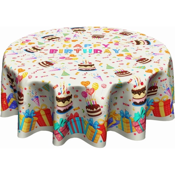 Birthday Tablecloth Round 60 Inch - Happy Birthday Table Cloth Colorful Cake Balloons Gifts Circle Table Cover for Party Picnic Kitchen Dining Room
