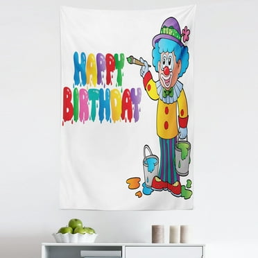 Birthday Tapestry, Happy Clown for Party with Colorful Painting Drawing Style Buckets in Print, Fabric Wall Hanging Decor for Bedroom Living Room Dorm, 5 Sizes, Multicolor, by Ambesonne