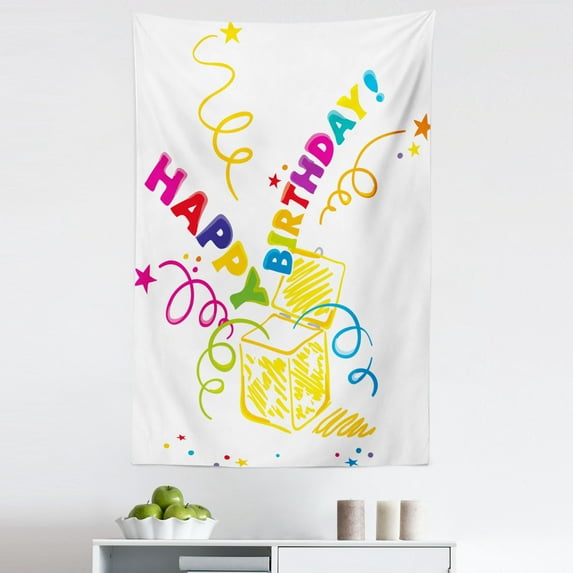 Birthday Tapestry, Surprise in a Box Theme Doodle Style Cheerful Spirals Stars Happiness, Fabric Wall Hanging Decor for Bedroom Living Room Dorm, 5 Sizes, Multicolor, by Ambesonne