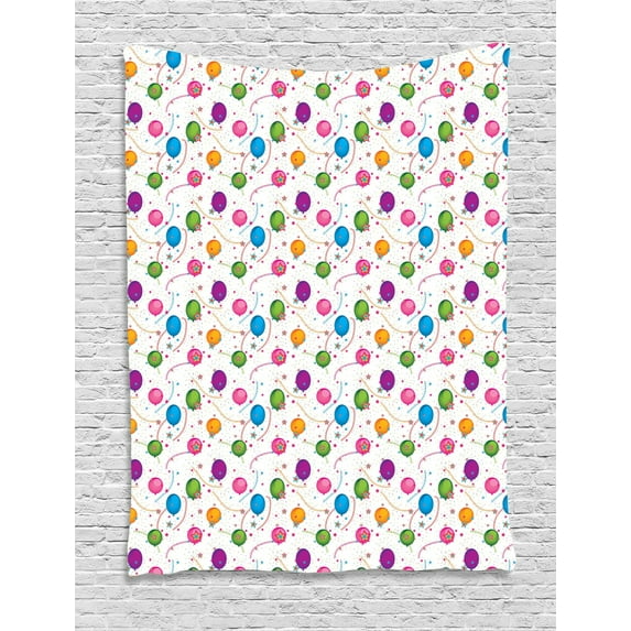 Birthday Tapestry, Vibrant Colored Flying Balloons with Stars and Confetti Pattern for Fun Event, Wall Hanging for Bedroom Living Room Dorm Decor, 60W X 80L Inches, Multicolor, by Ambesonne