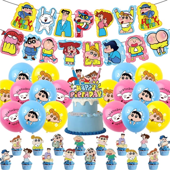 Birthday Theme Party Crayon Shin-chan Banner Flag Set, Cake Toppers Cards Set, Kid Surprise Decorations Props