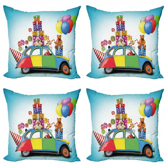 Birthday Throw Pillow Cushion Case Pack of 4, Colorful Car with Presents Toys Holiday Lollipops Party Hat Balloons Celebration, Modern Accent Double-Sided Print, 4 Sizes, Multicolor, by Ambesonne