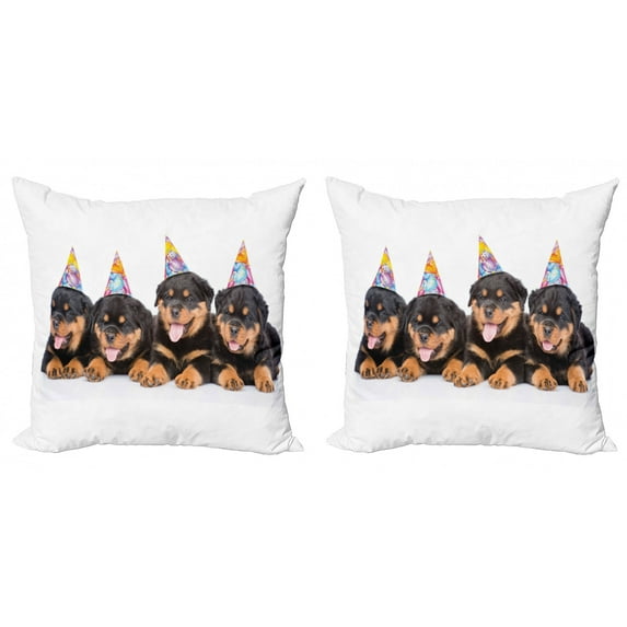 Ambesonne Birthday Throw Pillow Cover 2 Pack, Birthday Dogs Hats, 16", Marigold and Black