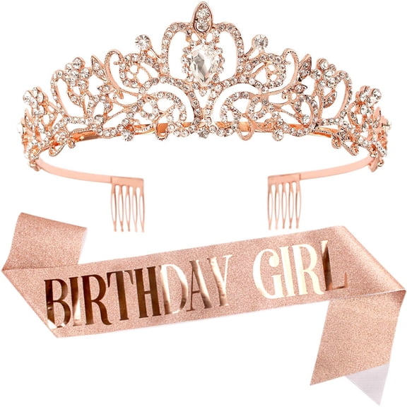 Birthday Tiara & Crown Set - Princess Sash, Happy Birthday Girl Tiara, Party Decorations & Gifts