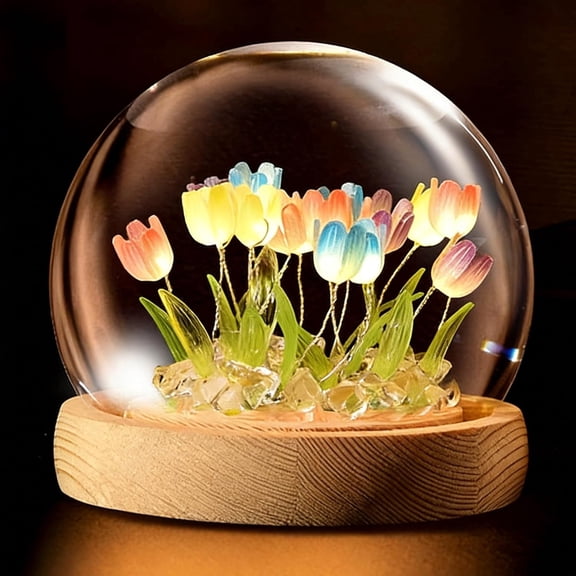 Tulips Night Light Small Glass Flower Lamp with Wooden Base for Home Room Decor Romantic Gift for Girlfriend Mom Sister Grandma Wife