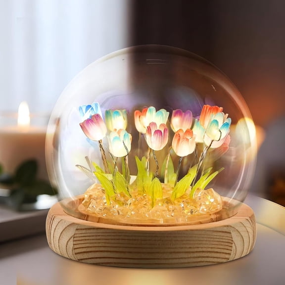 Tulips Night Light Small Glass Flower Lamp with Wooden Base for Home Room Decor Romantic Gift for Girlfriend Mom Sister Grandma Wife