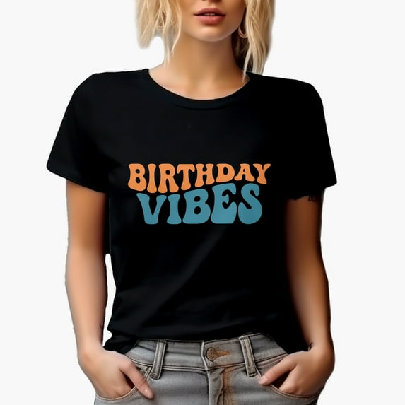 Birthday Vibes, Party Themed, Groovy Retro Wavy Text Merch Gift, Black T-Shirt, Medium