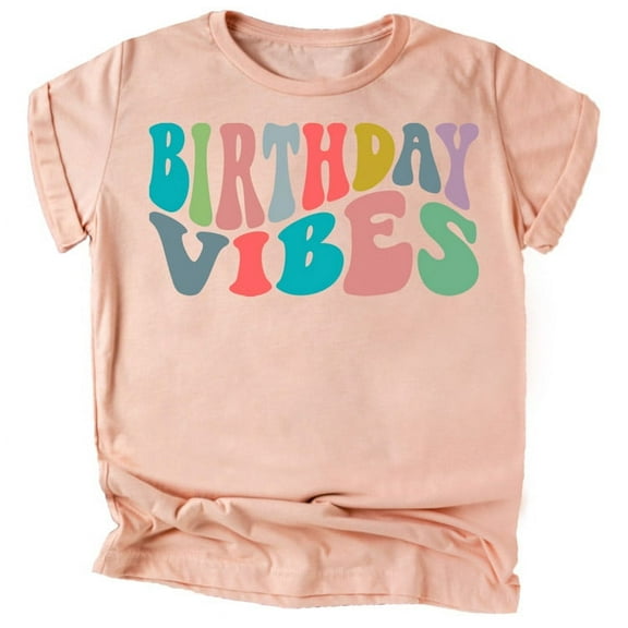 Birthday Vibes Toddlers and Youth Girls Birthday Shirts White on Peach Shirt Small