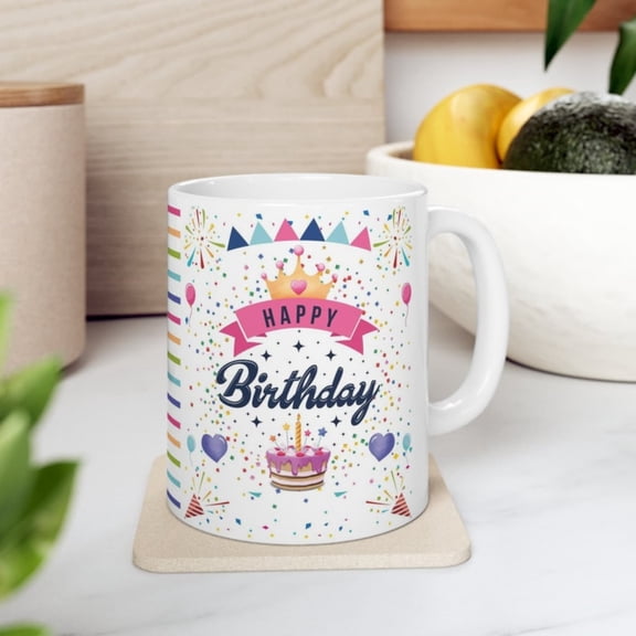 Birthday White Ceramic Mug oz Fest Happy Birthday Coffee Mug with Colorful Confetti, Stes and Inspirational Greeting Great Gift Idea.