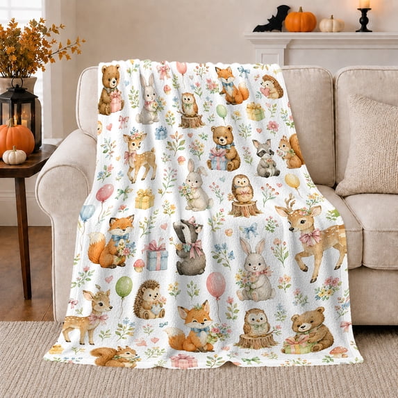 Birthday Woodland Animals Bear Fox Deer Rabbit Party Flannel Blanket, Cozy Sofa Throw for families and Nature Fans, Warm Bedroom bedroom Reading Nook Home Decor, Birthday Gift