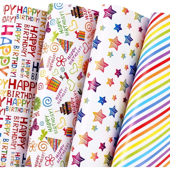 Birthday Wrapping Paper 12 Sheets Folded Flat for Kids, Boys, Girls, Adults.Includes Happy Birthday, Star, Rainbow, Cake 4 Colorful Designs for Baby Shower, Holiday, Party 20 X 29 Inch