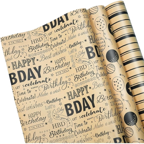 Birthday Wrapping Paper, 3 Rolls Kraft Wrapping Paper with Happy Birthday Font, Stripes, Balloons Pattern Assortment ,17 Inch x 120 Inch (10 Feet) Per Roll