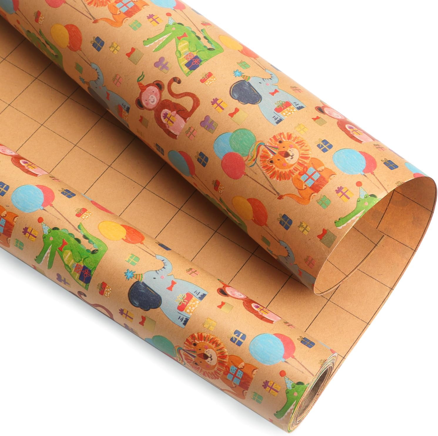 Birthday Wrapping Paper Animal and Balloon Vintage Style Kraft Mini Roll Paper Perfect for Baby Shower Boys Girls Kids Birthday - 17Inch x 394Inch(33Feet)