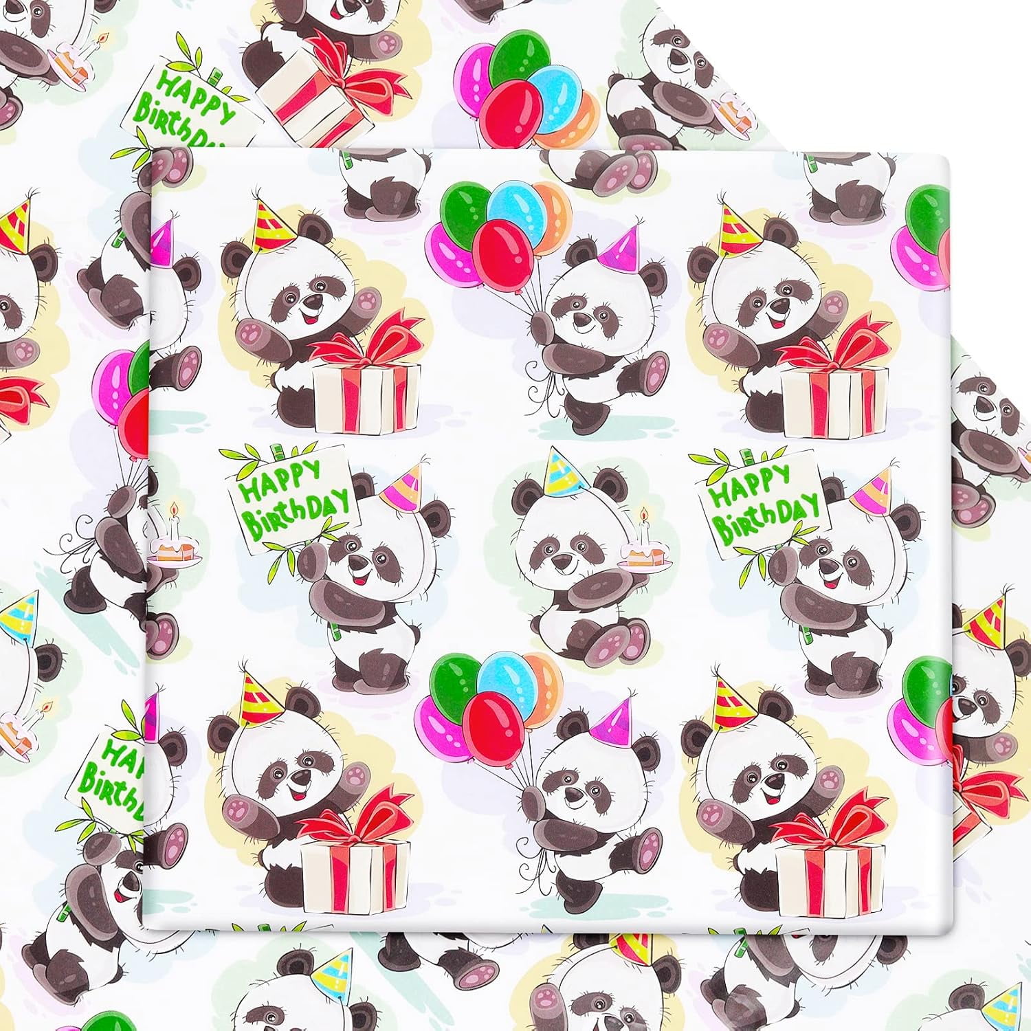 Birthday Wrapping Paper for Baby Boys Kids Girls, Panda Design Gift Wrapping Paper, Cute Pandas Balloons 6 Sheets Folded Flat 20x30 inches per Sheet for Birthday Party Baby Shower Kindergarten