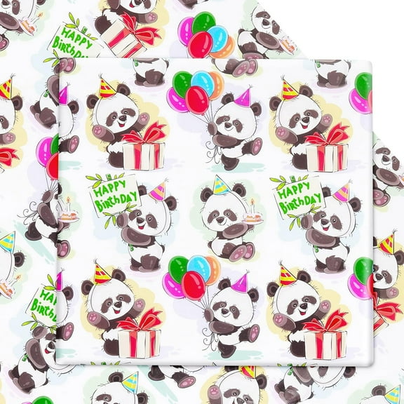 Birthday Wrapping Paper for Baby Boys Kids Girls, Panda Design Gift Wrapping Paper, Cute Pandas Balloons 6 Sheets Folded Flat 20x30 inches per Sheet for Birthday Party Baby Shower Kindergarten